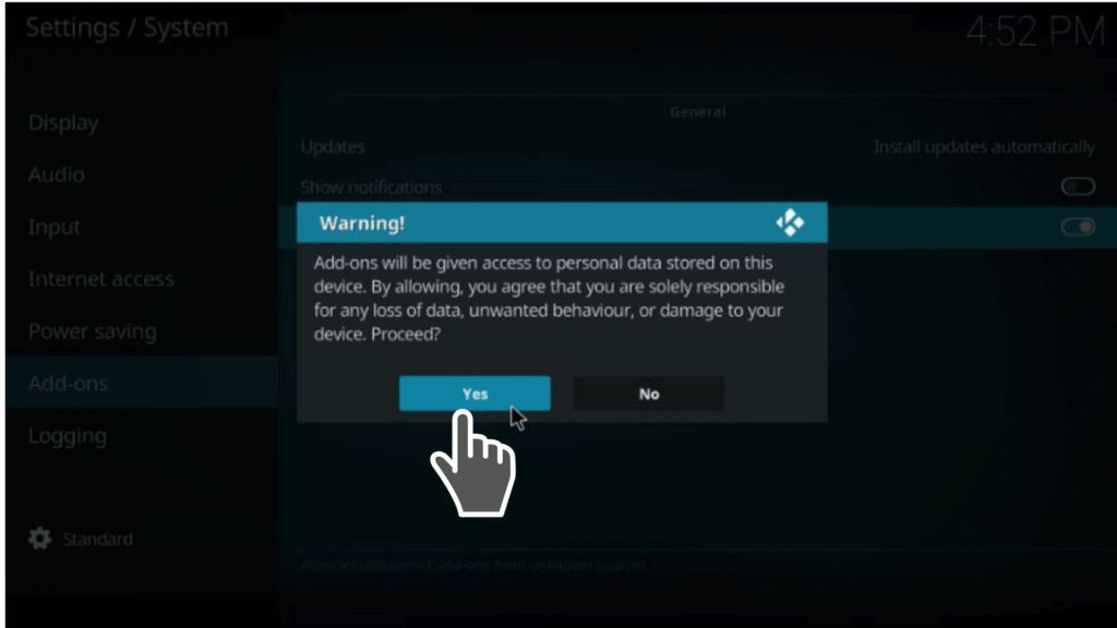 add-ons warning message