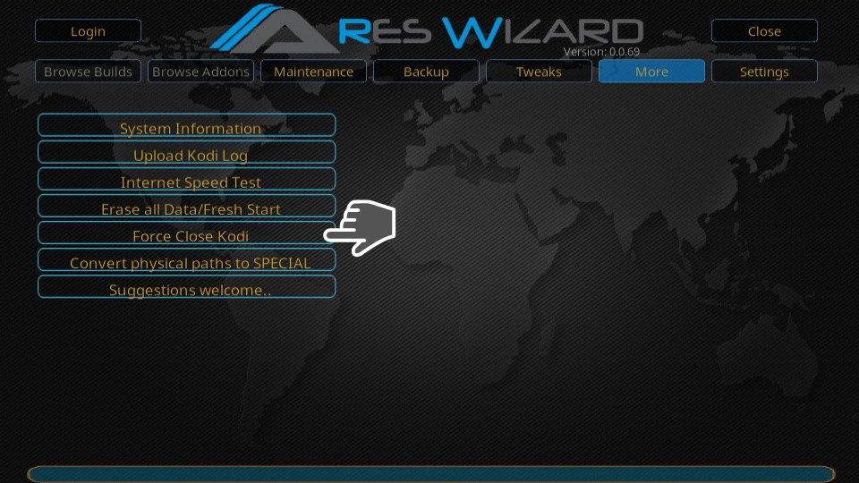 force close kodi from ares wizard
