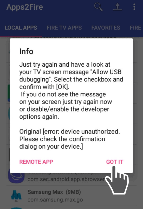 Info box on Apps2Fire to enable ADB debugging on Firestick
