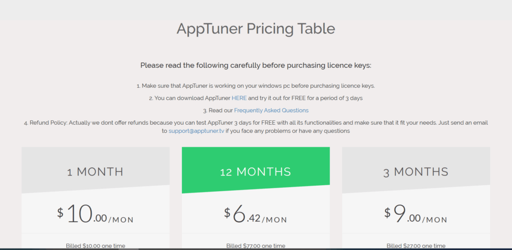 apptuner pricing table
