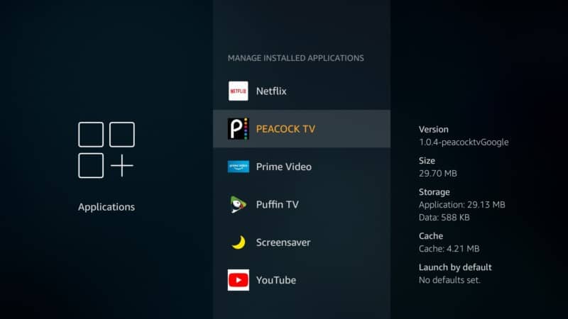 peacock tv on manage installed applications