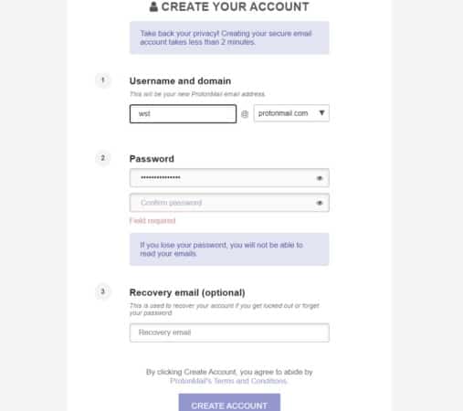 protonmail create account