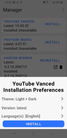 Youtube Vanced Installation Preferences